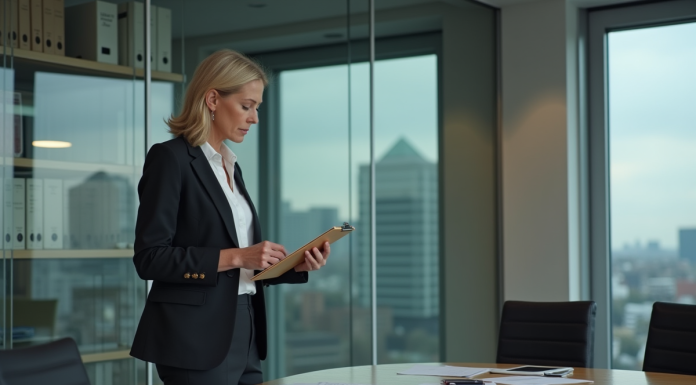 Responsabilité problèmes conformité : qui est responsable ? Femme d'affaires attentive avec un classeur dans un bureau moderne