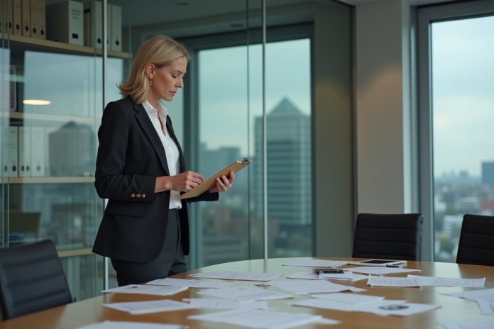 Femme d'affaires attentive avec un classeur dans un bureau moderne