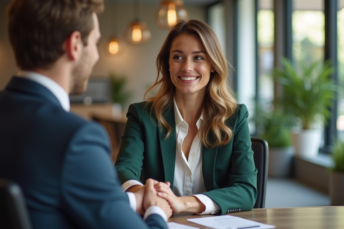 Jeune femme d'affaires serrant la main d'un client dans un bureau moderne