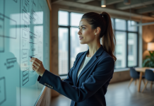 RME : définition, caractéristiques et impacts sur les entreprises Femme d affaires en costume regardant un tableau de strategie