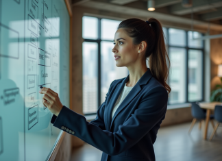 RME : définition, caractéristiques et impacts sur les entreprises Femme d affaires en costume regardant un tableau de strategie