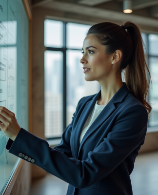 Femme d affaires en costume regardant un tableau de strategie