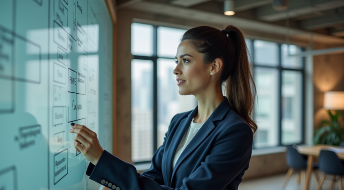 RME : définition, caractéristiques et impacts sur les entreprises Femme d affaires en costume regardant un tableau de strategie