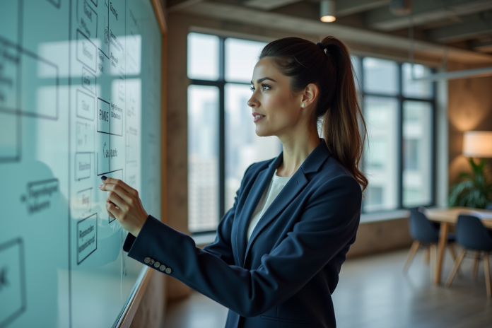 femme-affaires-strategie Femme d affaires en costume regardant un tableau de strategie