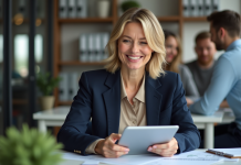 Femme d'affaires souriante en réunion de stratégie