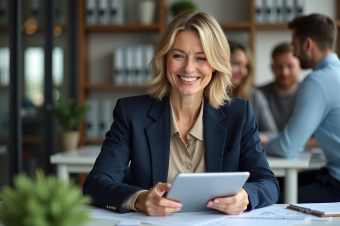 Femme d'affaires souriante en réunion de stratégie