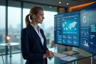 Femme d'affaires analysant un tableau de bord B2B numérique dans un bureau moderne pour structurer la croissance commerciale