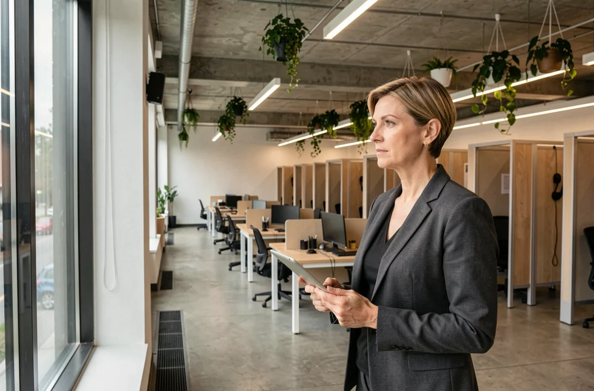 Femme professionnelle évaluant la superficie d'un grand espace de coworking pour son équipe