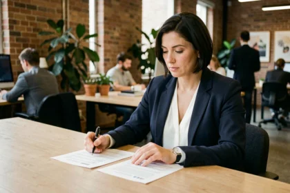 Femme consultante en portage salarial comparant deux contrats de travail dans un espace de coworking moderne