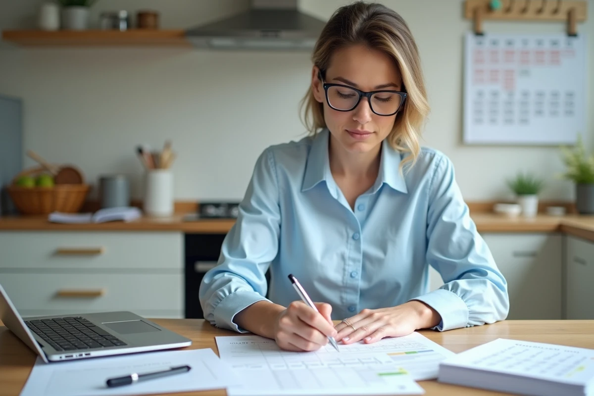 Femme en cuisine moderne vérifiant son budget