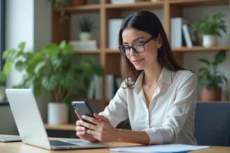 Femme utilisant l'application myPixid dans son bureau moderne