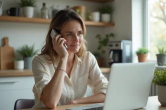 Femme au bureau cuisine avec ordinateur et smartphone