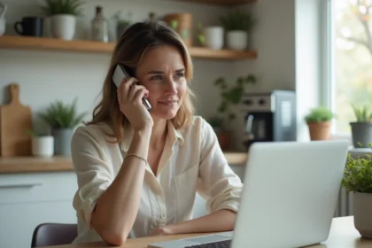 Femme au bureau cuisine avec ordinateur et smartphone