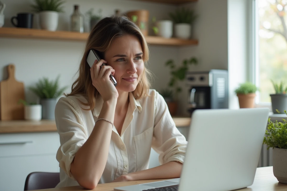 Femme au bureau cuisine avec ordinateur et smartphone