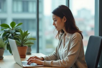 Jeune femme au bureau utilisant un extranet en ligne