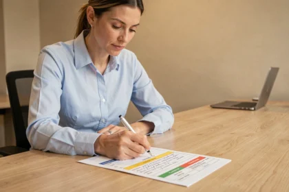 Professionnelle en bureau notant une fiche mémo opérationnelle structurée avec des sections colorées