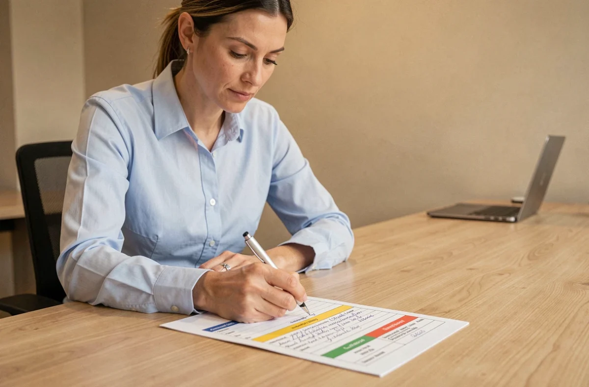 Professionnelle en bureau notant une fiche mémo opérationnelle structurée avec des sections colorées