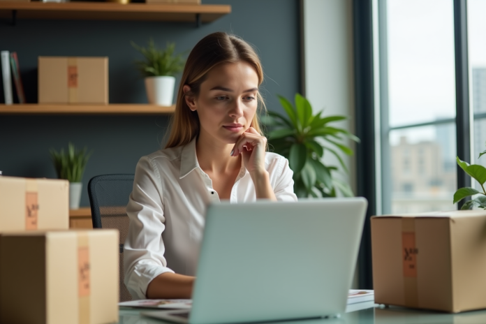 Jeune femme au bureau regardant ses ventes en ligne