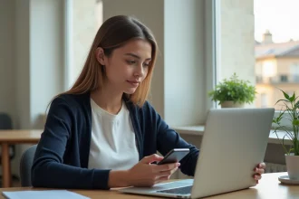 Jeune femme au bureau utilisant un ordinateur et smartphone