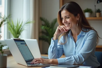 Femme concentrée sur son ordinateur dans un bureau à domicile