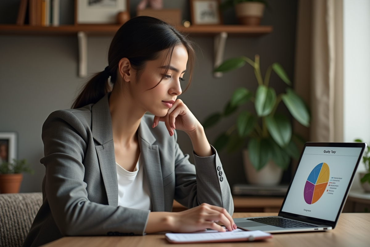 Jeune femme au bureau regardant un graphique coloré