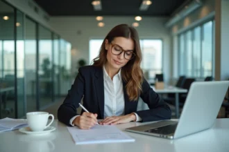 Femme d affaires signant une lettre dans un bureau moderne