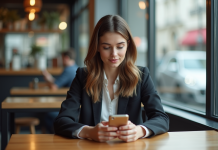 Communication et réseaux sociaux : les impacts à connaitre ! Jeune femme en business casual au café avec smartphone
