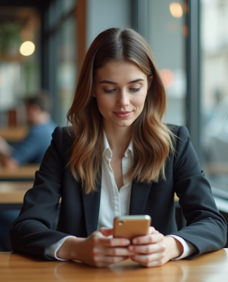 Communication et réseaux sociaux : les impacts à connaitre ! Jeune femme en business casual au café avec smartphone