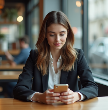Communication et réseaux sociaux : les impacts à connaitre ! Jeune femme en business casual au café avec smartphone