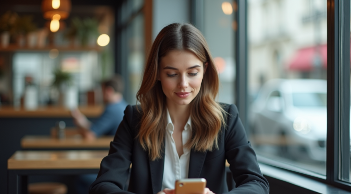 Communication et réseaux sociaux : les impacts à connaitre ! Jeune femme en business casual au café avec smartphone