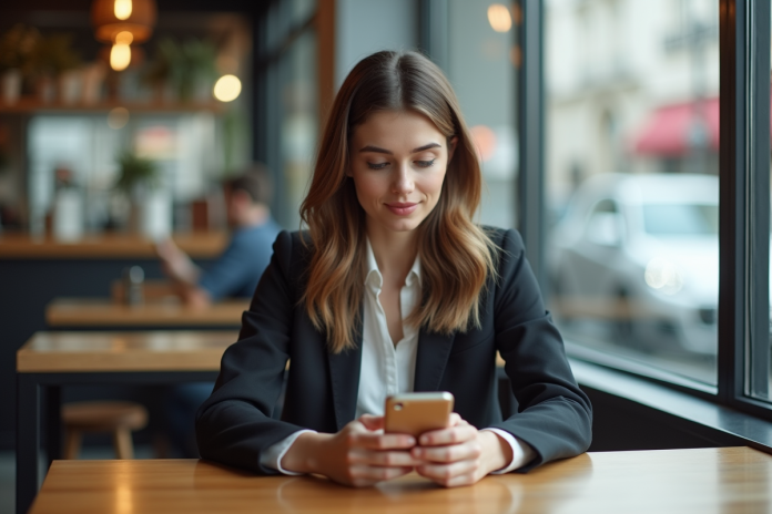 Jeune femme en business casual au café avec smartphone