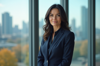 Femme canadienne confiante en costume devant la ville