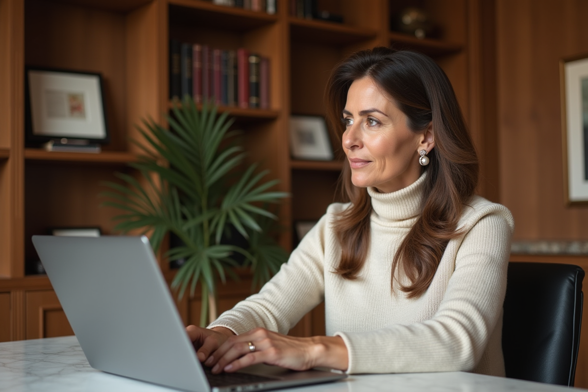 Femme canadienne en pull dans un bureau élégant