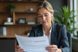 Femme d'affaires lisant un contrat dans un bureau moderne