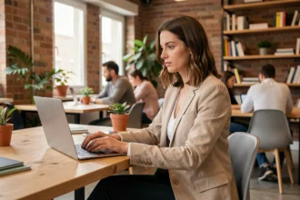 Femme travaillant dans un espace de coworking moderne et abordable à Caen avec des murs en briques apparentes