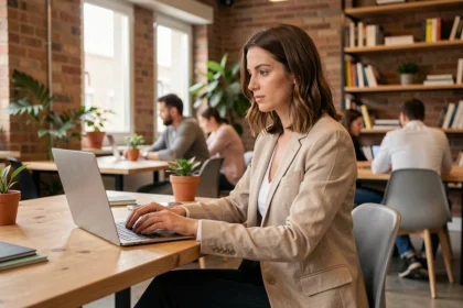 Femme travaillant dans un espace de coworking moderne et abordable à Caen avec des murs en briques apparentes