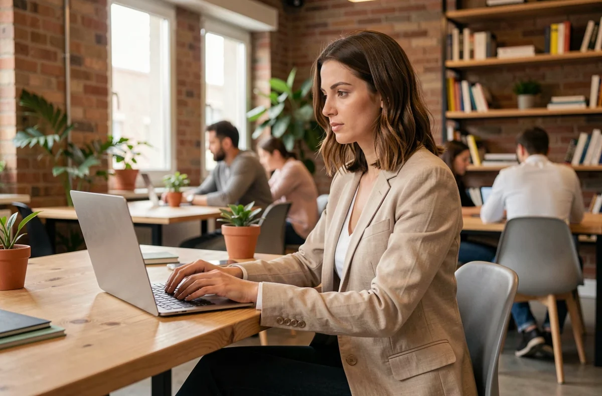 Femme travaillant dans un espace de coworking moderne et abordable à Caen avec des murs en briques apparentes