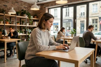 Femme travaillant dans un espace de coworking moderne à Rennes avec des murs en pierre apparente et de grandes fenêtres