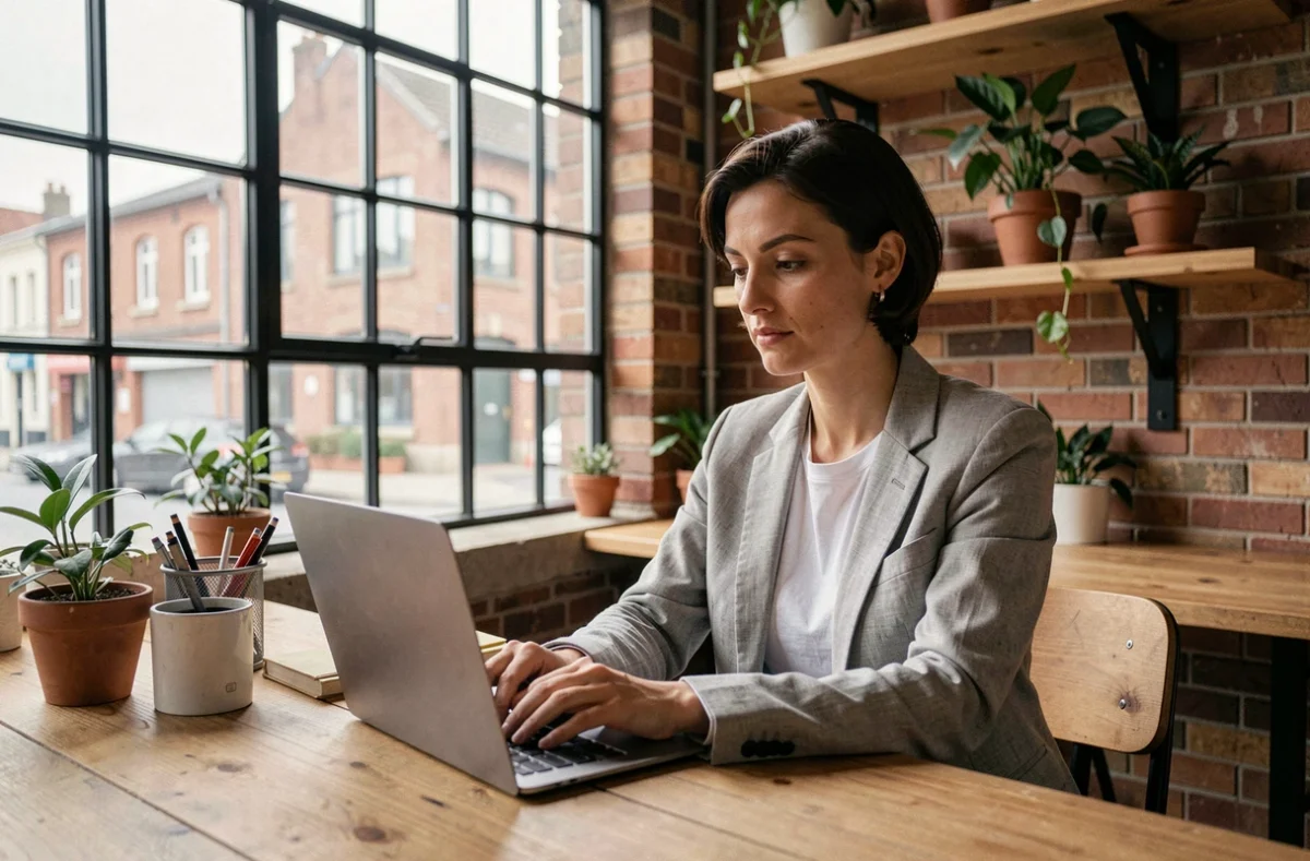 Femme travaillant dans un espace de coworking à Tourcoing avec vue sur briques apparentes et grandes fenêtres industrielles