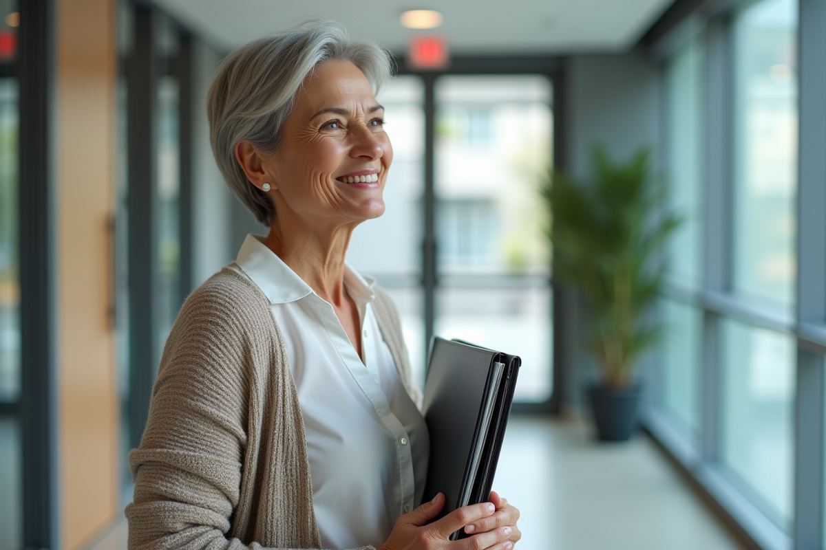 Femme souriante quitte le bureau avec un dossier à l