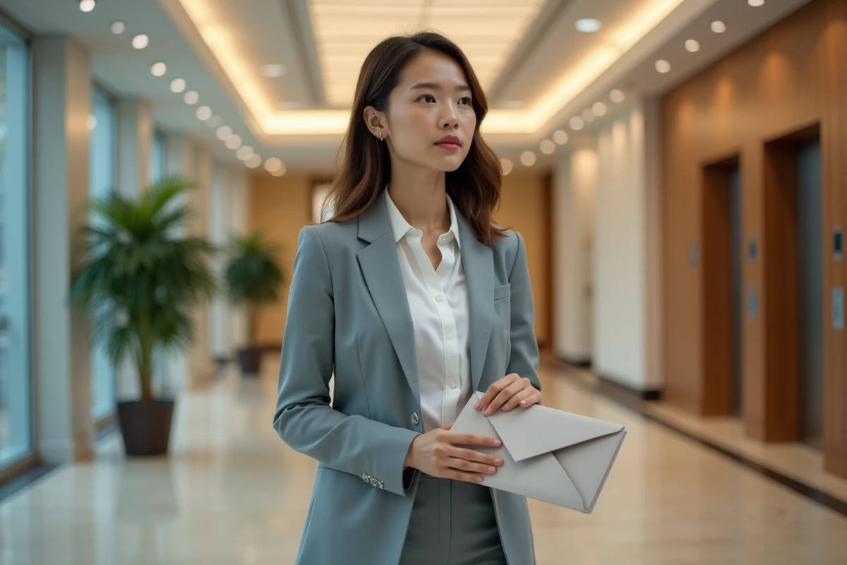 Jeune femme quittant son lieu de travail dans un lobby