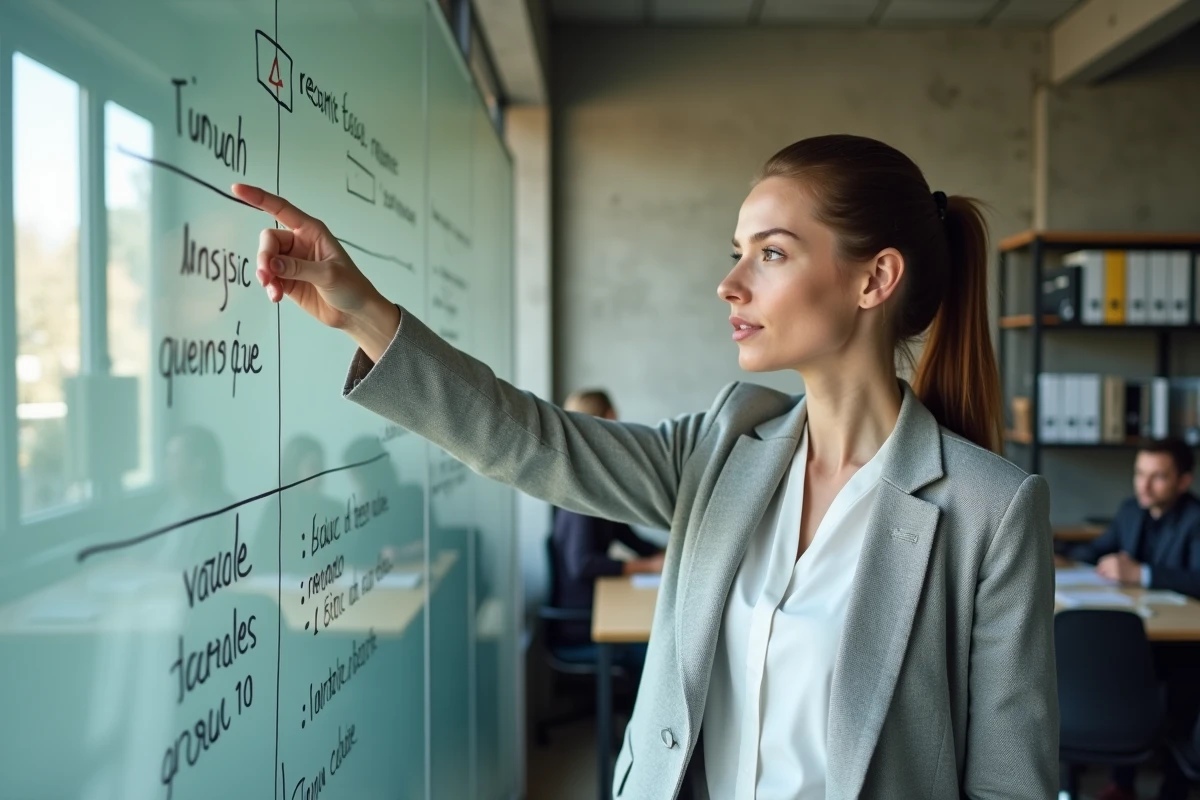 Femme dirigeante expliquant le régime fiscal Alsace CAHR à son équipe sur un tableau blanc