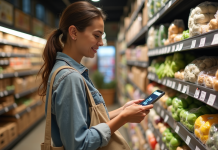 Jeune femme responsable scanne un QR code en supermarche