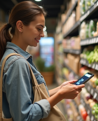Nouveaux modes de consommation : impacts et tendances à suivre en 2025 Jeune femme responsable scanne un QR code en supermarche