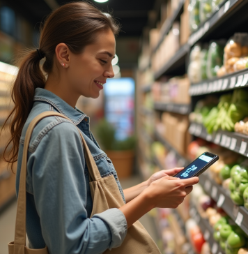Nouveaux modes de consommation : impacts et tendances à suivre en 2025 Jeune femme responsable scanne un QR code en supermarche
