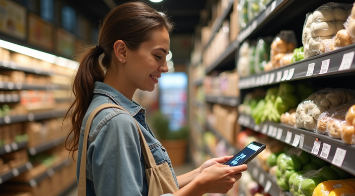 Nouveaux modes de consommation : impacts et tendances à suivre en 2025 Jeune femme responsable scanne un QR code en supermarche