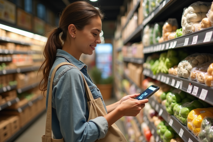 Jeune femme responsable scanne un QR code en supermarche
