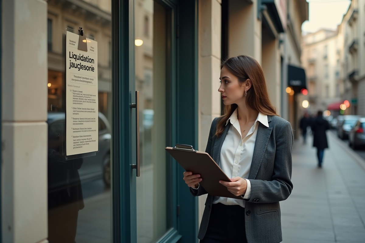 Jeune femme regardant une affiche de liquidation judiciaire