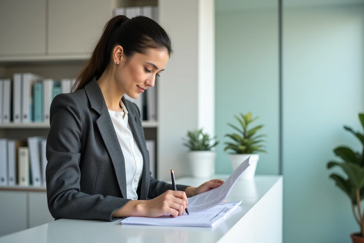 Femme entrepreneur complétant des formalités administratives d'immatriculation d'entreprise dans un bureau officiel