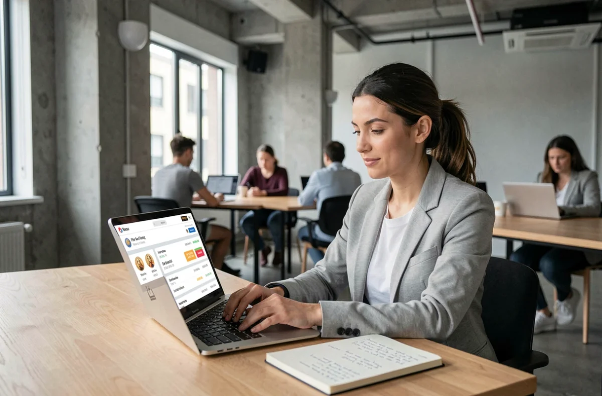 Femme entrepreneur travaillant sur son activité de trading en ligne dans un espace de coworking moderne